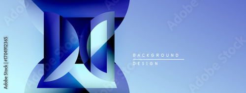 Abstract blue design features layered shapes, creating dynamic visual impact. Gradient hues offer modern aesthetic. Background text present.