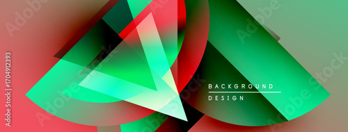 Abstract geometric shapes overlap, creating vibrant color gradients. Red, green, turquoise hues blend smoothly. Modern design element.