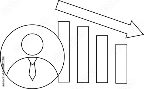 down graph icon and icon of a person wearing a tie with a white background