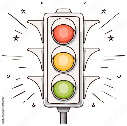 Cartoon traffic light with red, yellow and green signal lights. Illustration of road safety symbol.