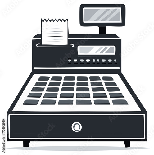 Cash Register with Receipt, Keyboard, and Display, Point of Sale Device, Business Equipment