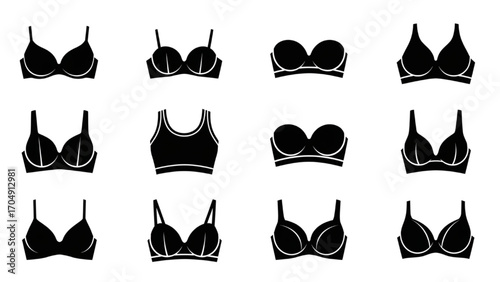 High-Quality Black Silhouette Icon Set of Women’s Bras – Various Types, Lingerie, Apparel, Fashion