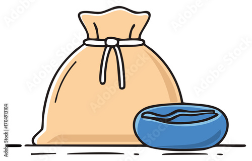 Illustration of coffee beans inside of the sack, fresh ingredient package