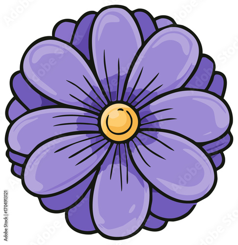 Illustration of a stylized purple daisy with a yellow center and black outlines