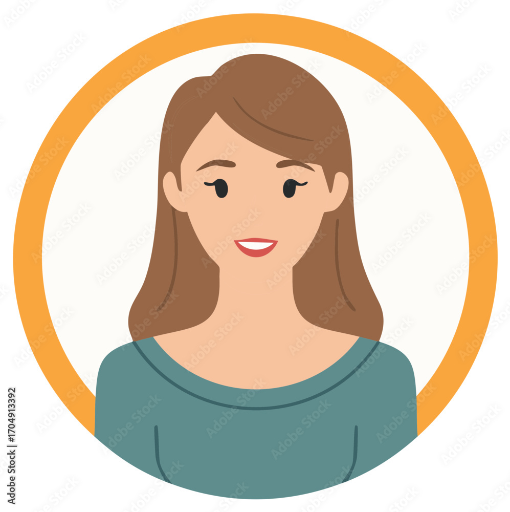 Smiling young woman avatar illustration in a teal shirt with brown hair inside an orange circle Smiling young woman avatar illustration in a teal shirt with brown hair inside an orange circle