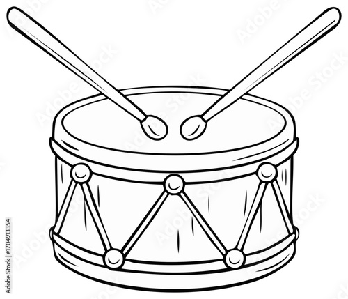 Toy drum with drumsticks black and white line art illustration for a coloring book page