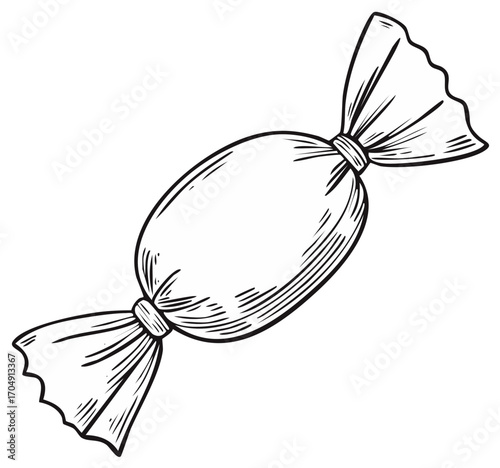 Hand drawn illustration of a wrapped sweet candy with ruffled ends on a white background