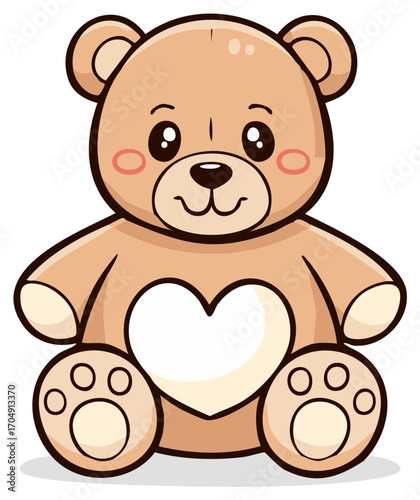 Cute Cartoon Teddy Bear with Heart on Chest, Isolated Vector Illustration