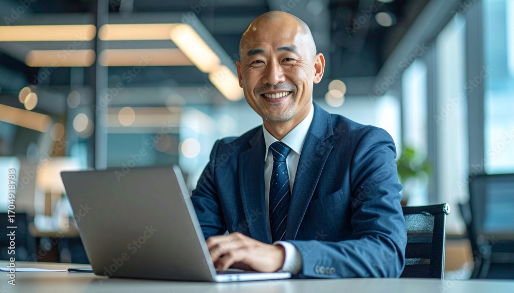 Fototapeta premium Handsome Japanese businessman with Francis Xavier style bald head