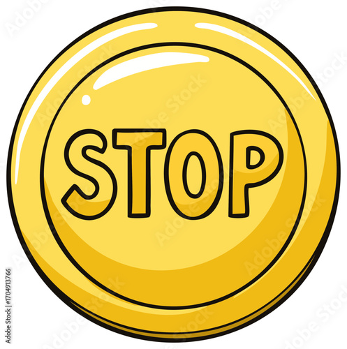 Yellow cartoon illustration depicting 'STOP' on a circular sign, caution and restriction concept graphic