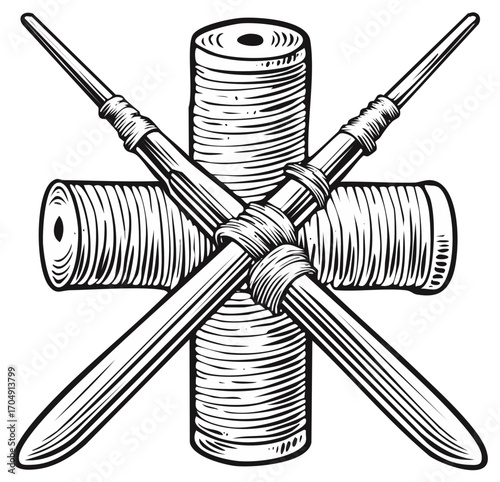 Crossed Bobbins with Thread Spools Hand Drawn Illustration Black and White