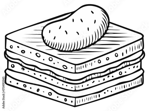 Doodle style sandwich stack with potato, black and white outline drawing. Square bread slices piled with filling and topping.