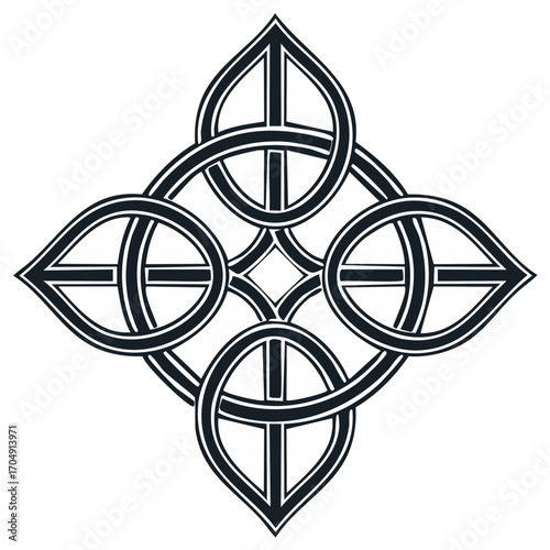Symmetrical Celtic knot cross ornament with endless interlaced lines. Ancient spiritual vector symbol.