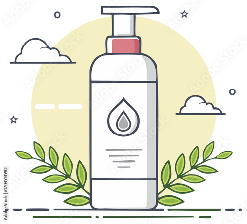 Illustrated sanitizer bottle design with leaf and cloud elements for skincare and health