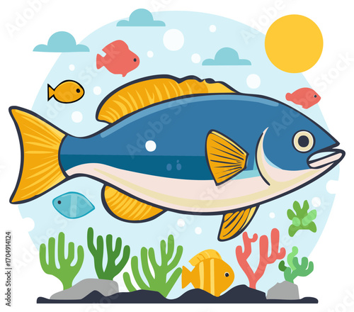 Blue Fish Swimming with Small Fish Around Seaweed and Coral Under Sea