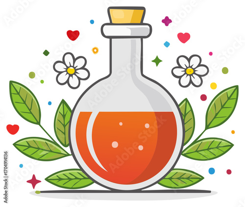 Potion in Glass Bottle with Orange Liquid and Decorated with Flowers and Leaves