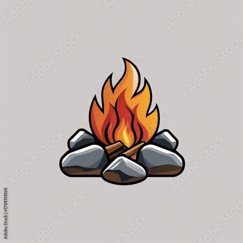 Vibrant Cartoon Campfire with Bright Orange Flames and Stacked Grey Rocks
