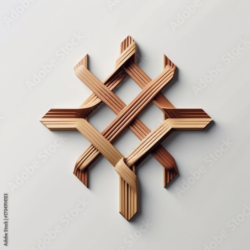 Warm wooden strips intricately woven into a stunning abstract symmetrical artwork