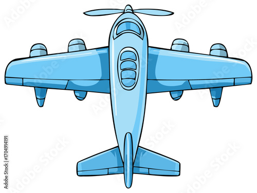 Cartoon Airplane Flying Top View with Multiple Engines and Propeller
