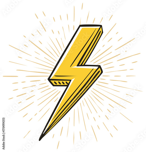 Stylized Yellow Lightning Bolt with Rays Illustration on White Background