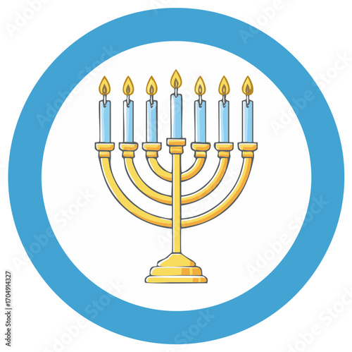 Cartoon illustration of a menorah with lit candles, in a blue circle