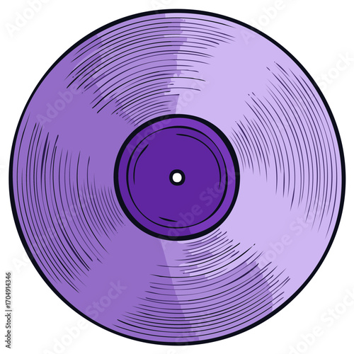 Purple Vinyl Record Illustration with Textured Surface and Circular Grooves for Retro Music