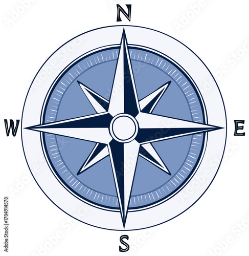 Blue and white compass rose illustration navigational guide concept