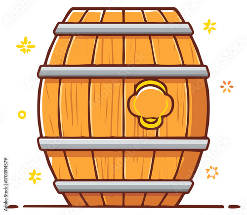 Cartoon illustration of a wooden barrel, keg with decorative embellishments