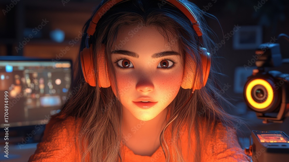 custom made wallpaper toronto digital3D cartoon style, Stylish girl video blogger near computer in home studio lit by round LED neon lamp, camera and microphone nearby