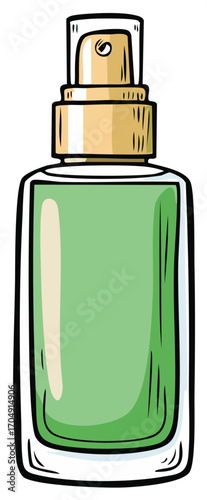 Hand drawn style illustration of a green perfume spray bottle with a gold cap