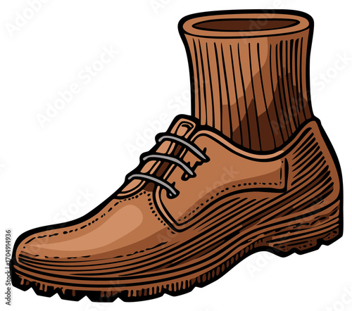 Vintage brown boot illustration with a high sock-like cuff, laces, and a textured sole.