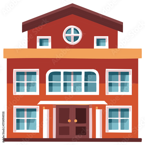 Illustration of a Two-Story Building with Windows and a Round Top Window and Arched Windows