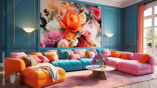 Vibrant and luxurious living room featuring a striking floral painting with a modern design
