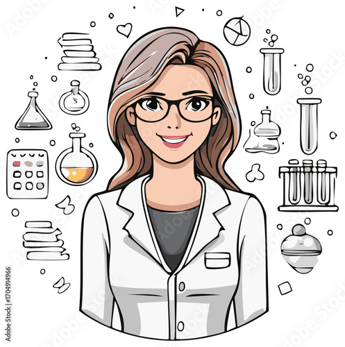 Smiling Female Scientist in Lab Coat and Glasses with Science and Chemistry Symbols