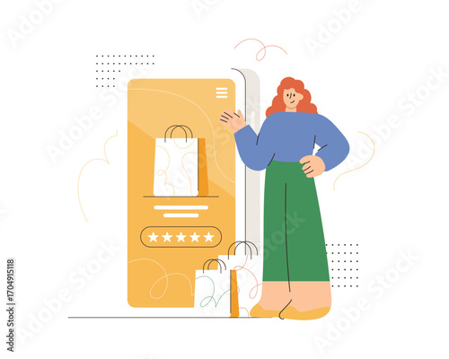 Flat vector illustration of a woman providing feedback and review to an online shop, e-commerce concept. 