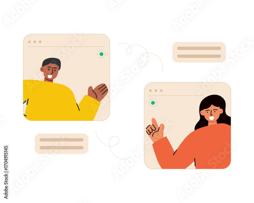 Flat design cartoon illustration of a business team in an online video conference meeting. Online business meeting concept. 