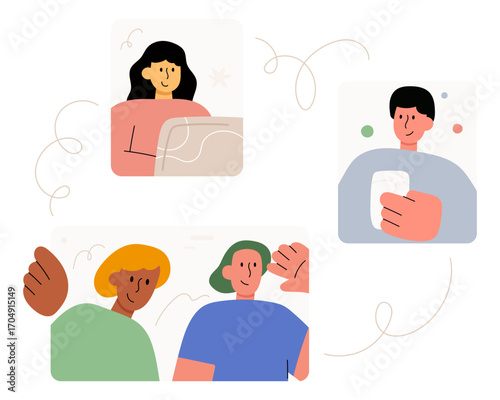 Flat design cartoon illustration of a business team in an online video conference meeting. Online business meeting concept.