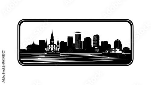 Boston skyline with waterfront in rounded frame