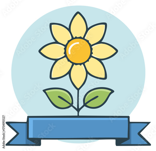Stylized yellow flower with leaves on a light blue background and a blue ribbon below