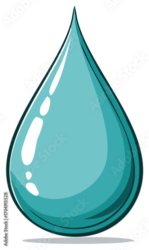 Clean cartoon style water drop illustration. Shiny blue liquid teardrop or raindrop graphic icon for design