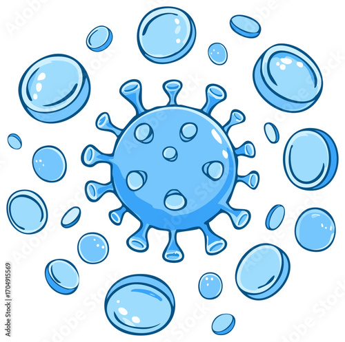 Cartoon Virus Model Floating Near Blood Cells Health Illustration Graphic