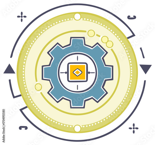 Creative concept illustration shows a geometric gear inside dotted circle representing development process or innovative business workflow