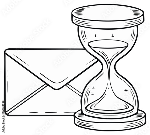 Hourglass and Envelope Illustration, Time Passing, Deadline, Correspondence, Hand-Drawn Style