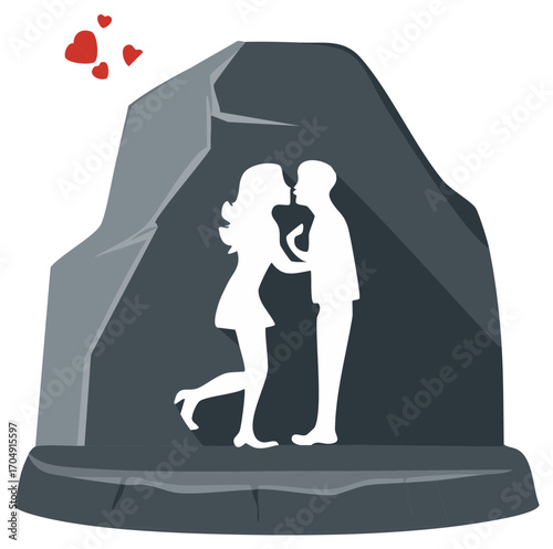 Silhouette Couple Kissing at Rock Outcrop with Love Hearts Valentine's Day, Romantic Lovers Vector