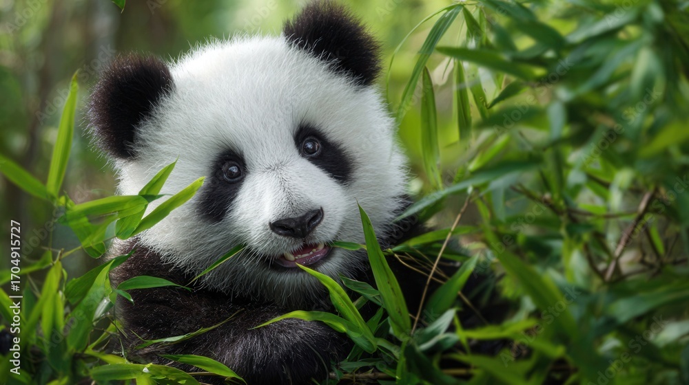 Naklejka premium panda eating bamboo