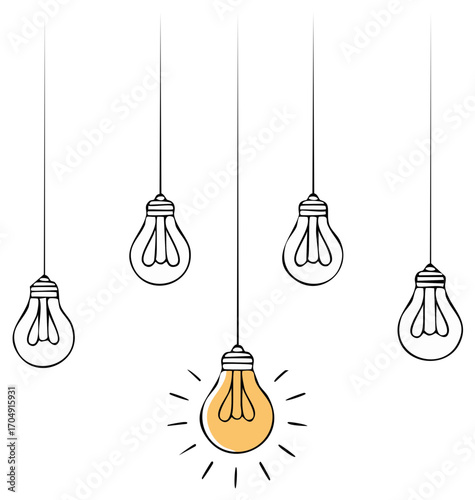 Hanging Light Bulbs with One Lit Idea Concept in Hand Drawn Style