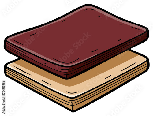 Two stacked books one red cover and one beige cover with thick pages in a simplistic illustration style.