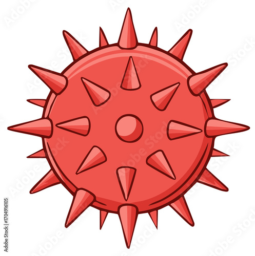 Red Virus or Bacteria with Spikes Comic Style Isolated on White Background
