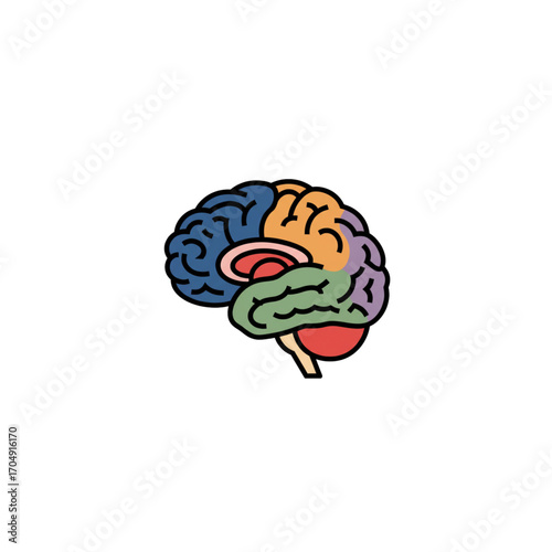 Colorful human brain illustration showing different lobes for neurology and psychology concepts. A simple icon representing intelligence, mind, and mental health on a white background