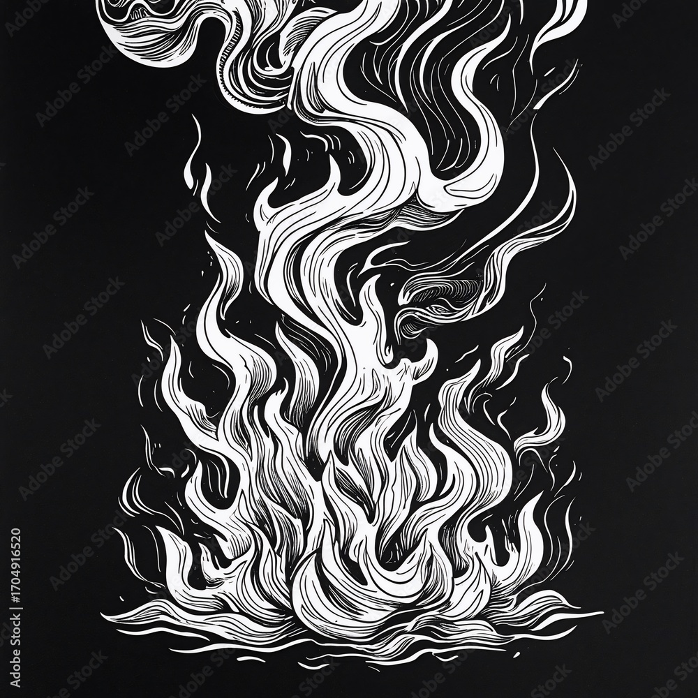 Fototapeta premium Dynamic Black and White Flames Engulfing the Scene with Whisps of Smoke Rising